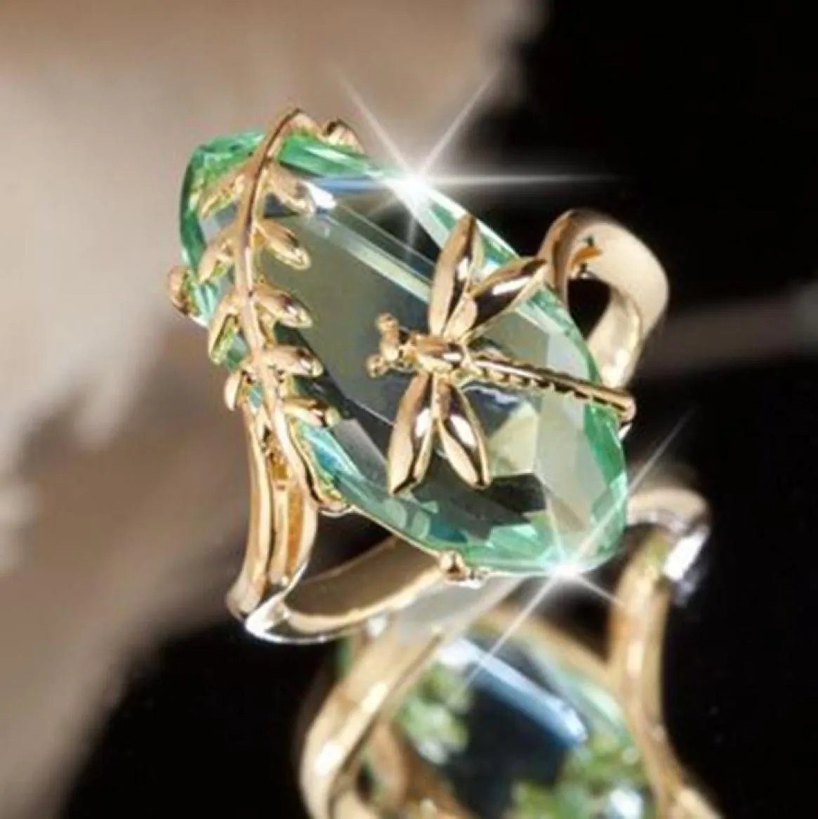 Nouveauté créatif libellule vert anneau pour femmes bijoux vert Olive pierre anneaux cubique Zircon Rings3656410