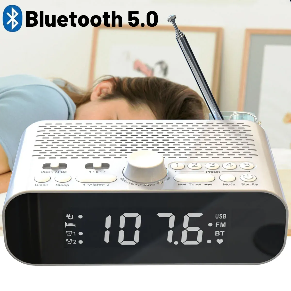 Плееры Портативный FM-радио Bluetooth 5.0 Динамик Mp3-плеер со светодиодным цифровым дисплеем Поддержка U-диска Двойной будильник Poweroff Память