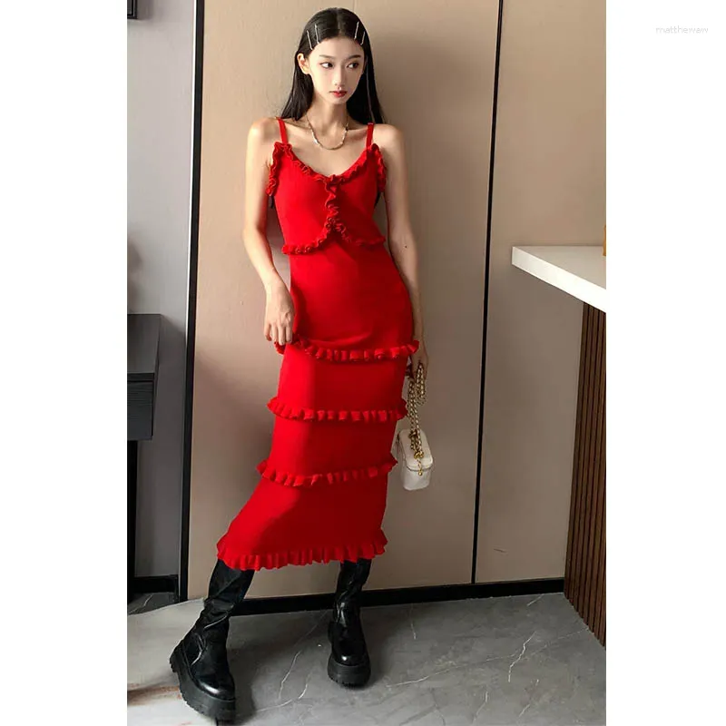 329 Casual Dresses Korobov Red Knit Strap Dress Women Clothing Vestidos Summer French Style Wood Ear Edge Wrapped Hip