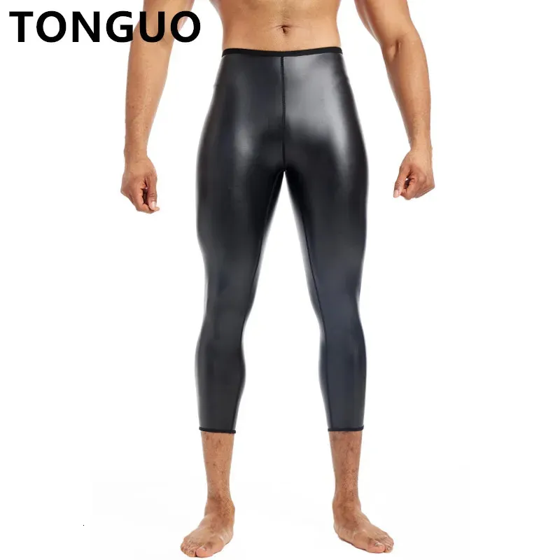 Mens Skinny Leather Pants Body Shaper Midjetränare Hög midja Shapers Kontroll Leggings Compression Underwear Fitness 9pts byxor 240220