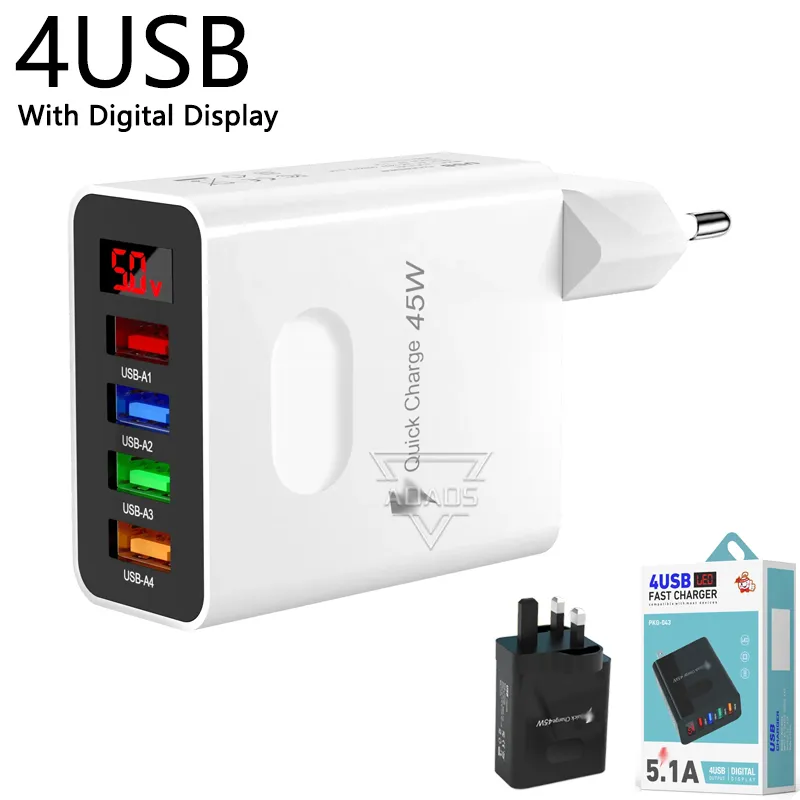 4USB Çoklu Bağlantı Noktası Dijital Ekran LED Duvar Adaptörleri 3.1A Telefon Dizüstü Bilgisayar Şarj Cihazı AB/US/UK Samsung İPhone Xiaomi için Uyarlandı