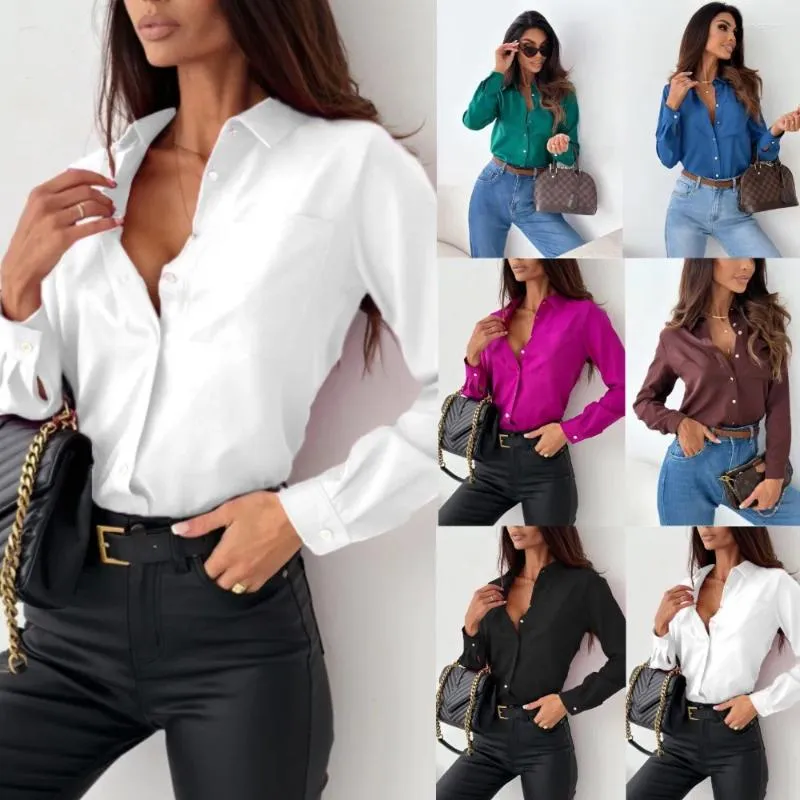 Damenblusen, elegante Damen-Shirt-Top-Bluse, 2024 Herbst, schlicht, solide, V-Ausschnitt, Bürokleidung