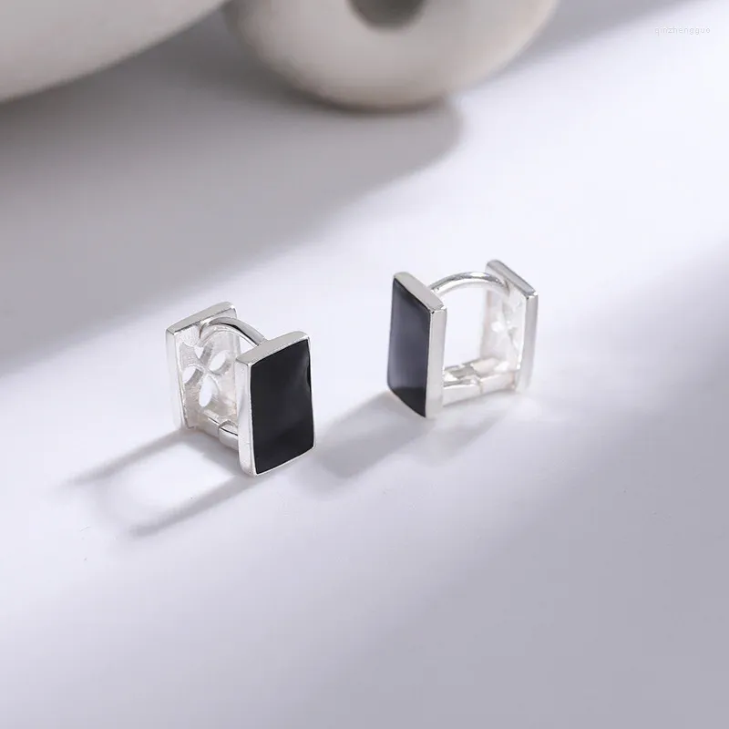 Серьги-гвоздики из стерлингового серебра S925, квадратные, черные, с широкой пряжкой для ушей для мужчин и женщин, простой универсальный узор в виде сережек