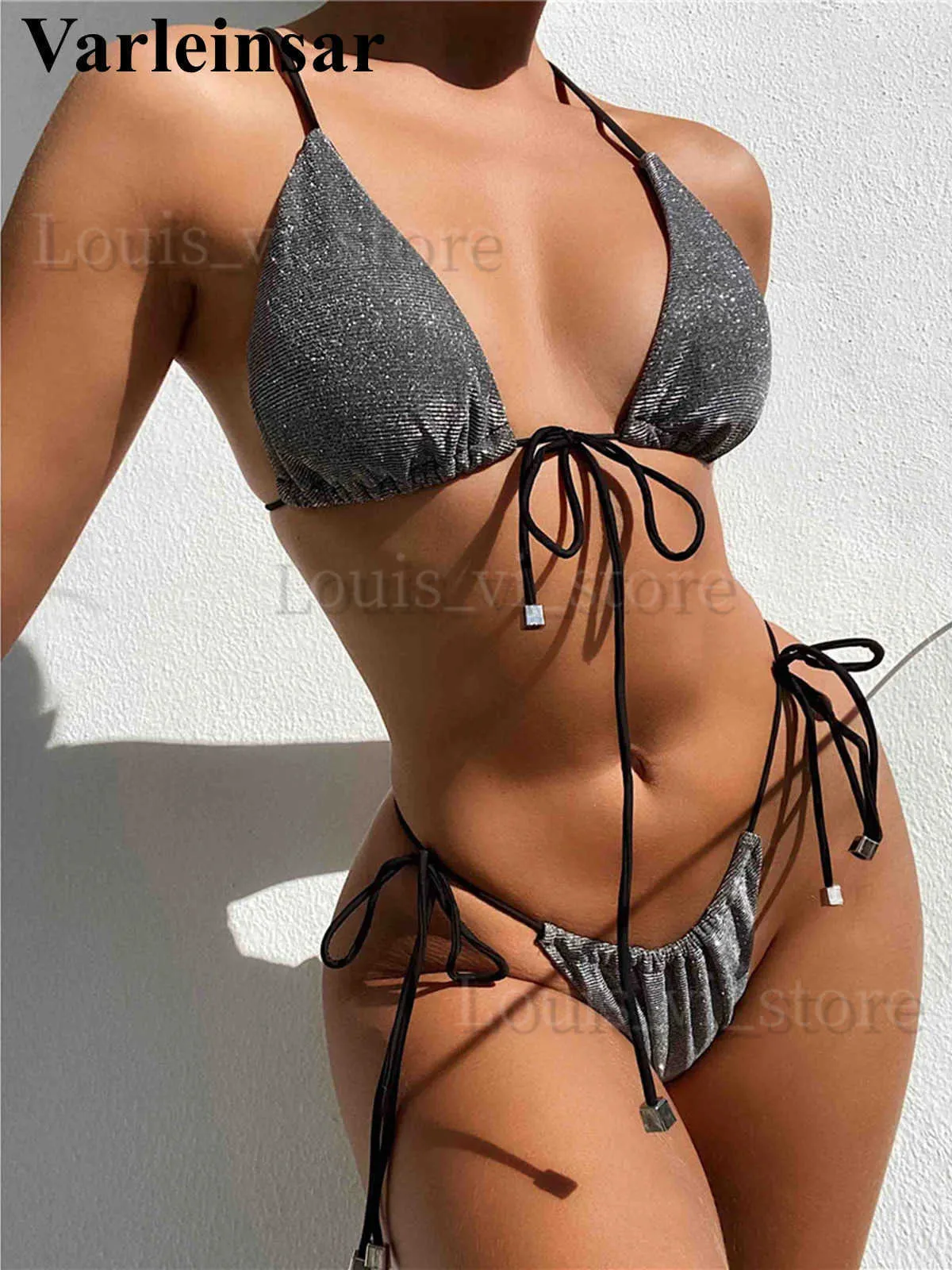 Kvinnors badkläder Nytt sexigt glänsande glittrande glitterbikini Kvinnliga baddräkt Kvinnor Badkläder Tvåstycken Bikini Set Bather Bathing Swim Lady V2647 T240227