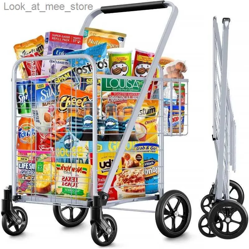 Shopping Carts Cart Giant Double Basket Shopping 350 pund Kapacitetsvikning med 360 rullande svänghjul Q240227