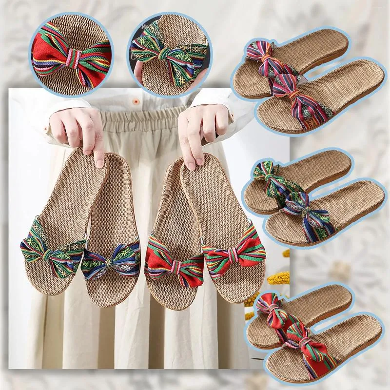 Slippers EVA Flip Flops Shoes Stripes Thick Bow Linen Cotton Women Women's Slipper