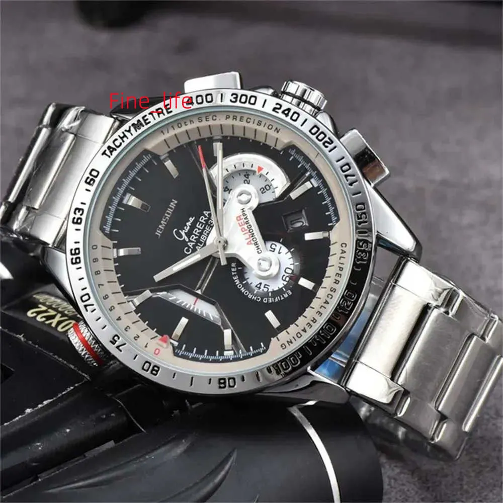 Tagg AAA Men Chronograph Six Needles Calender Full Function Brand F1 Series Sport Fashion Watch Rostfritt stål Rem Automatisk Designer Movement Quartz Watches