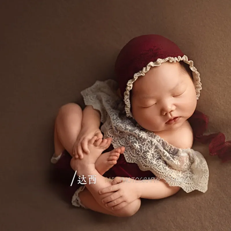 Sets Newborn Photography Props Baby Hat Christmas Lace Jumpsuit Set Photo Studio Shooting Accessories Auxiliary Modeling Supplies