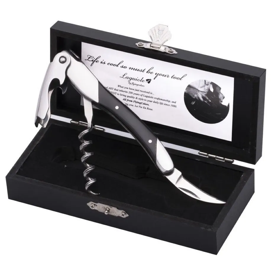 Laguiole Wood Handle Veals Wine Openers الفولاذ المقاوم للصدأ الفولاذ المقاوم للصدأ فتحة زجاجة Corkscrew سكين نبيذ العلبة الفتاحية في مربع هدايا المطبخ ملحقات Y2271