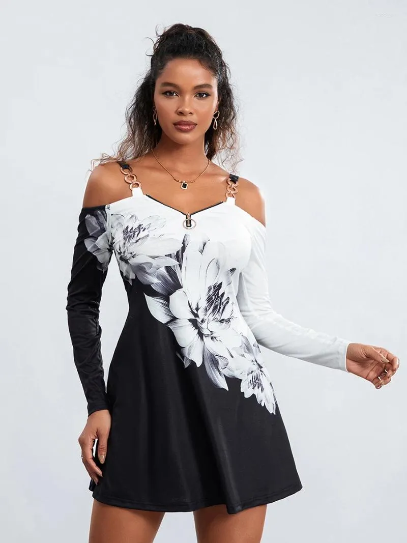 Casual Dresses Women Vintage Flower Print Mini Dress Cold Shoulder Long Sleeve Zipped A-line Spring Summer Fall Clothing Streetwear