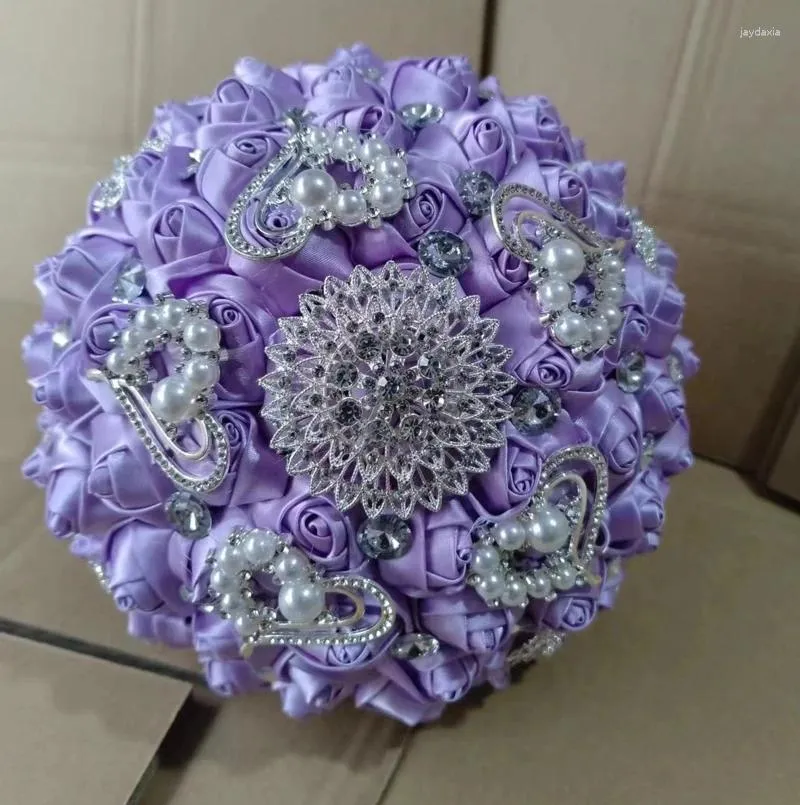 Flores decorativas luz roxo luxo strass buquê para noiva casamento artesanal damas de honra acessórios de decoração mão