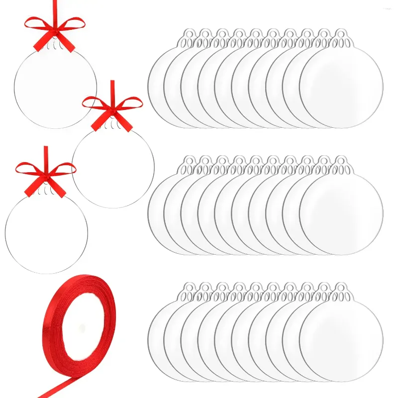 Keychains 30st/Set Round Clear Acrylic Christmas Ornaments Blanks With Red Ribbon Blank Craft