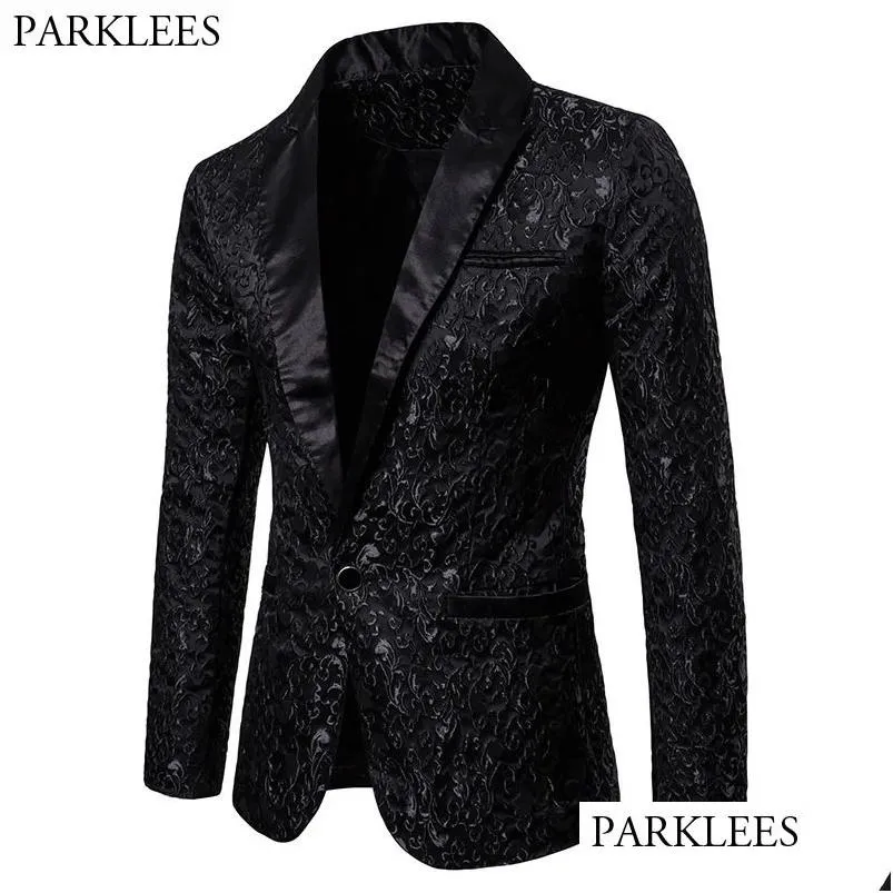 Men'S Suits Blazers Mens Black Jacquard Bronzing Floral Blazer Men Luxury Brand Single Button Suit Jacket Wedding Party Stage Cost Dhz6J