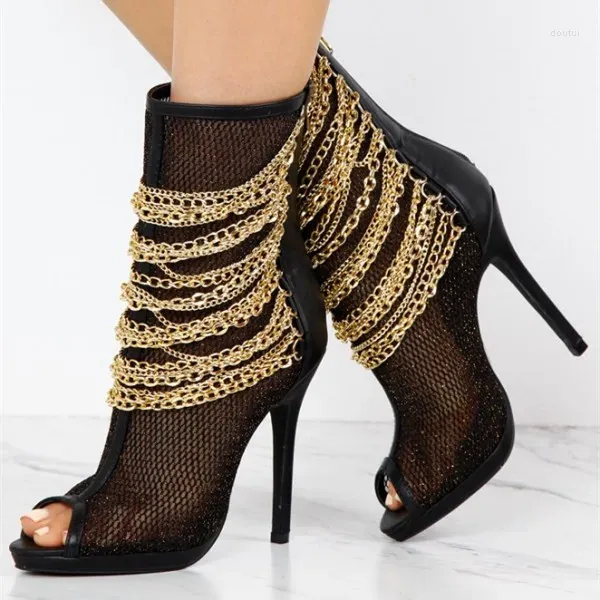 Bottes Runway Gold Chain Décor Noir Femmes Bout Ouvert Printemps Sandales Lady Sexy Mince Talon Haut Chaussures De Fête