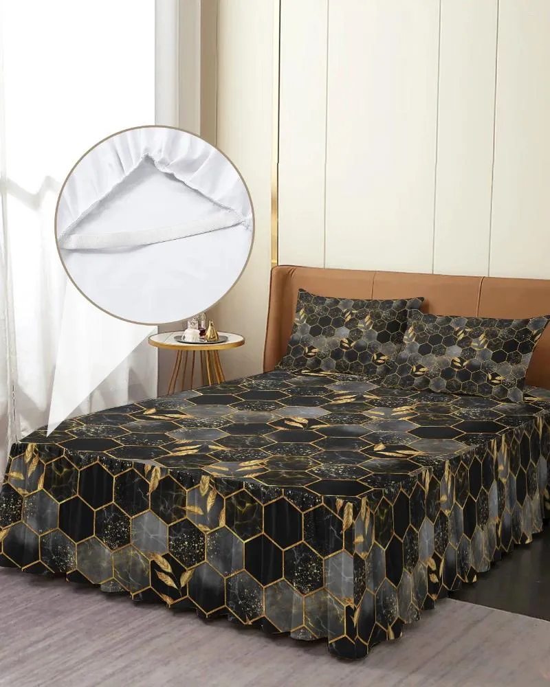 Saia de cama mármore textura favo de mel preto cinza elástico colcha com fronhas capa de colchão conjunto de cama lençol