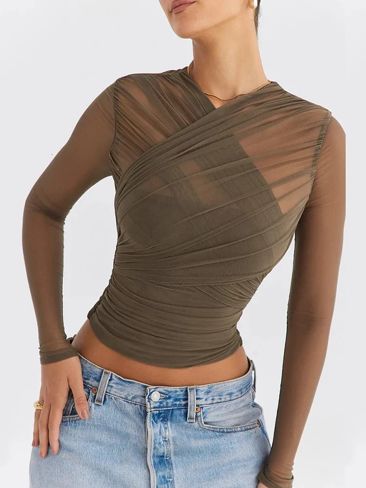 Mozision Сексуальная женская футболка с длинными рукавами и прозрачной сеткой, осень 2023, многослойные облегающие клубные топы на молнии с v-образным вырезом для клубных вечеринок 240223