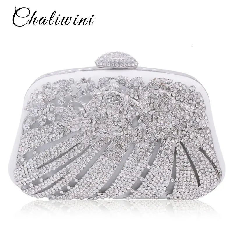 Chaliwini Metallic Hollow Out Crystal Floral Women Evening Clutch Bag Bridal Wedding Rhinestones Knucklebox Purse Handbag 240223