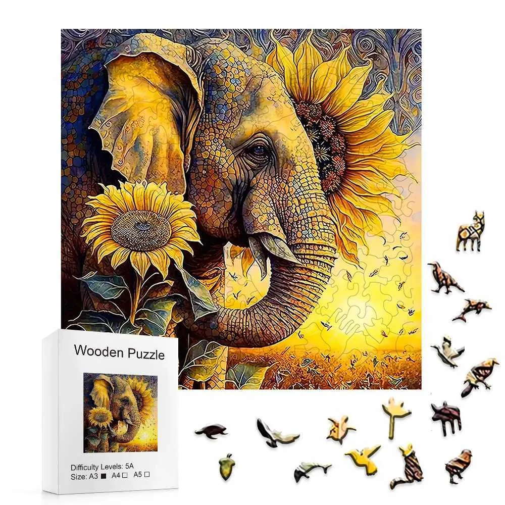 Puzzles Sunflower Elephant Wooden Puzzle Creative Funny Christmas Halloween Gift For Family Friends Handmade OrnamentL2403