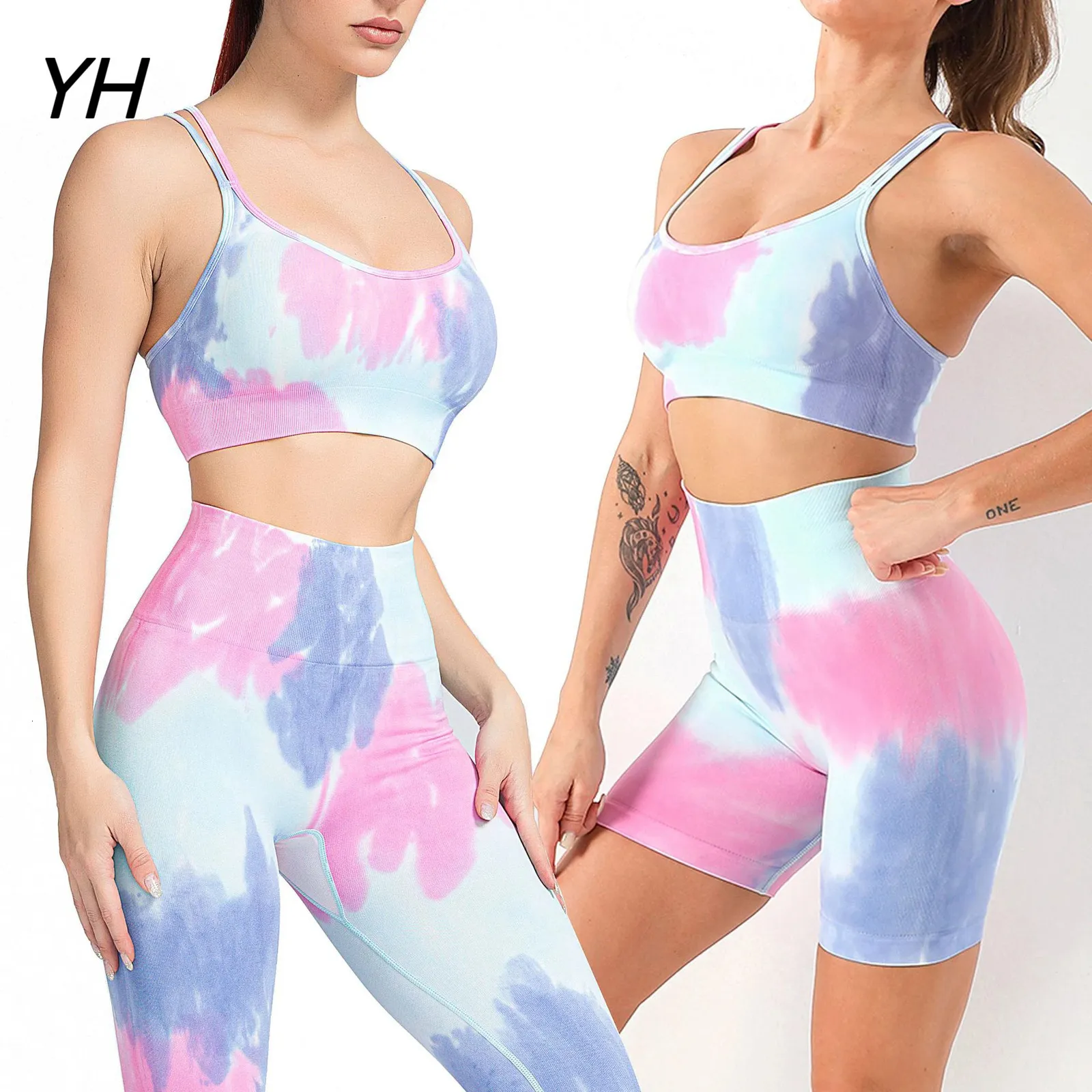 Tie Dye Two Piece Set Yoga Summer High Waist Stretch Gym Shorts Seamless Padded Bra Workout Suits Sports Wear Femme 240226