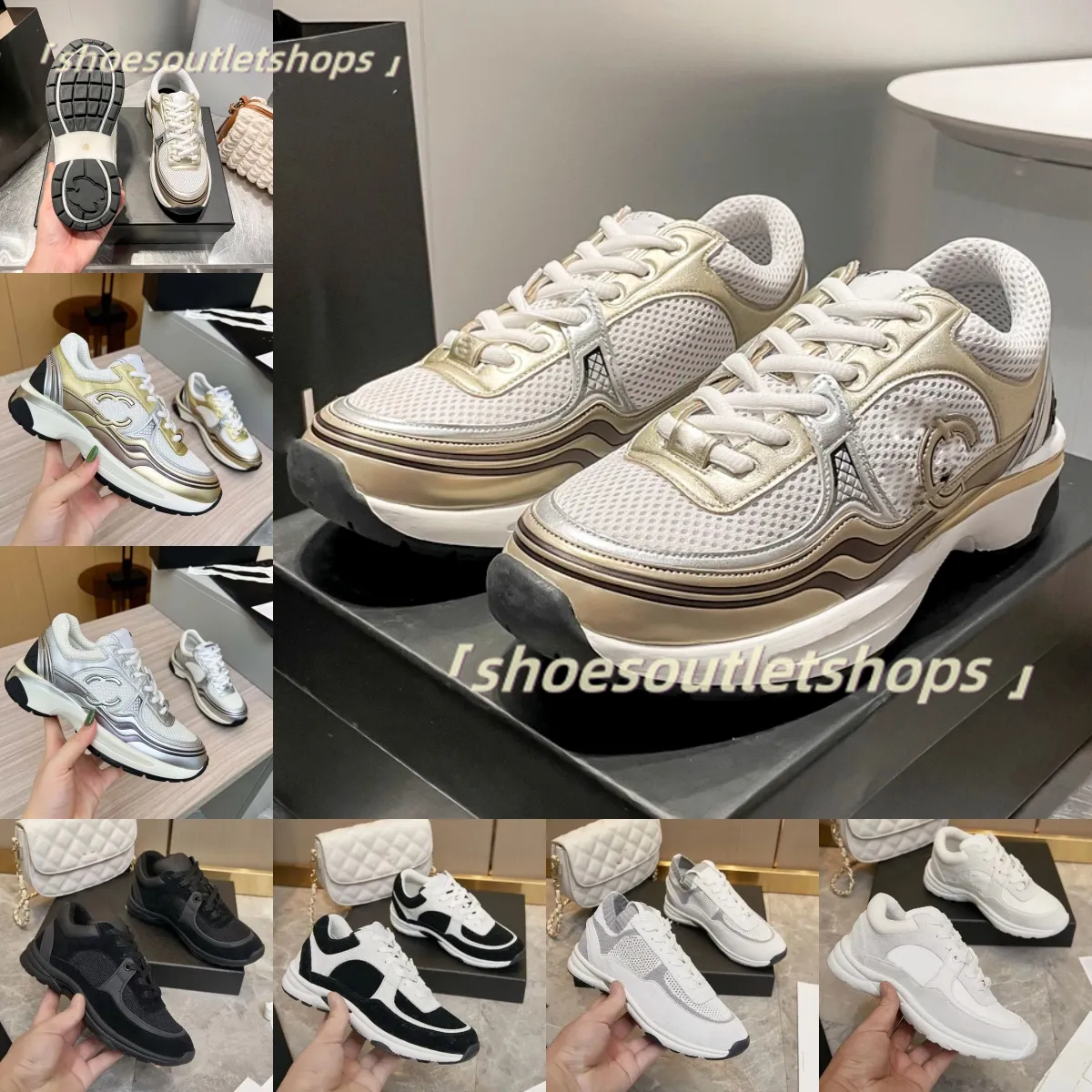 Chan C Designer Sneakers Chaussures décontractées en cuir de veau Chaussures réfléchissantes Baskets en cuir suédé vintage All-match Stylist Sneaker Patchwork Lace-up Print Shoe 35-41