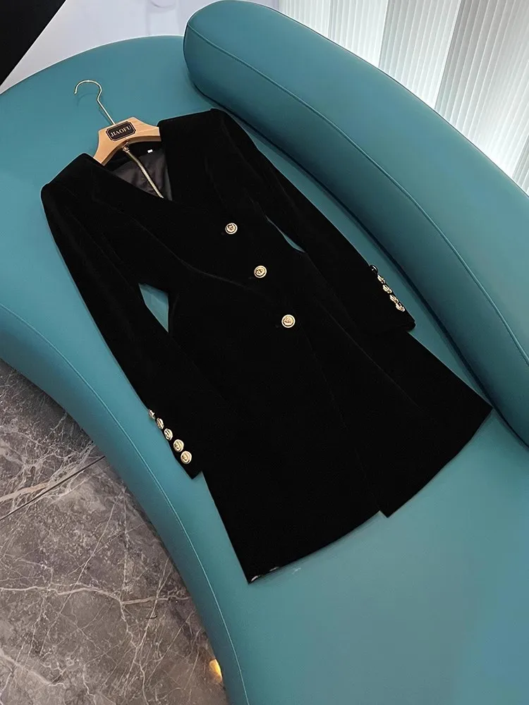 2024 Spring Black Solid Color Single-Breasted Dress Long Sleeve V-Neck Buttons Short Casual Dresses D4J261556