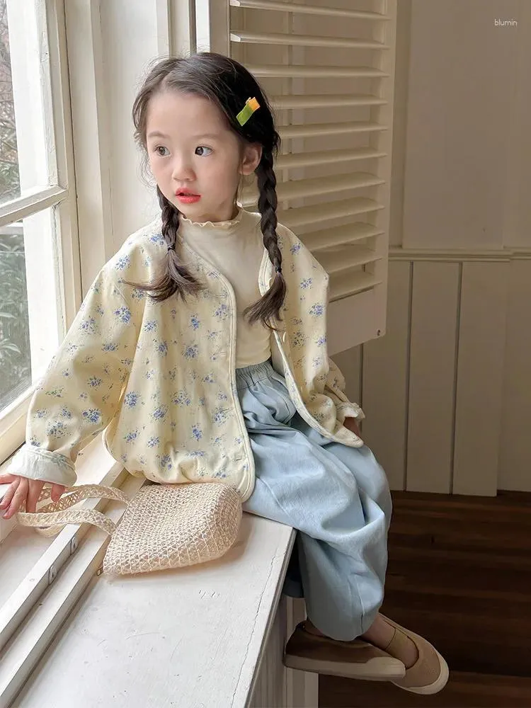 Jacken 2024 Kinder Mädchen Frühling Outwear Mäntel Koreanische Dot Langarm Kleinkind Mädchen Jakets Baumwolle Süße Floral Bedruckte Baby