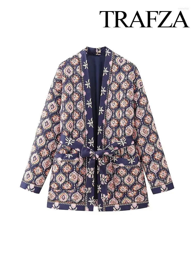 Damskie okopy płaszcze Trafza Winter Kimono w stylu Kimono koronkowe pikowana bawełniana bawełniana kurtka mody patchwork nadruk z długim rękawem płaszcz kardiganowy