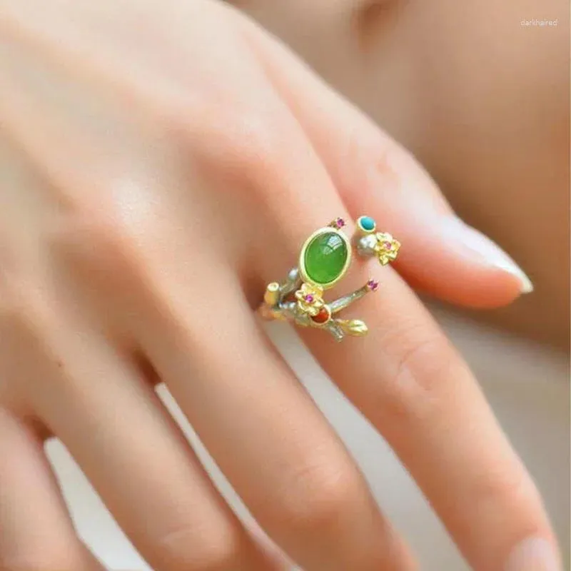 Cluster Rings Designer Original Art Flower Branch Silver Inlaid Hetian Jade Female Model Opening For Women Chinese Style Classic Jewelry