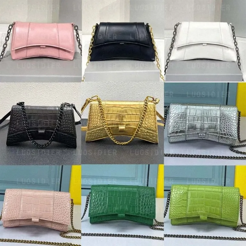チェーンワニのエンボス加工ハンドバッグバッグデザイナー女性のガラスバッグ付きハンドバッグバッグを黒くピンクの財布に入れる砂時計ウォレット
