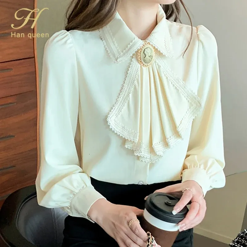 H Han Queen Primavera Camicia Basic Camicette da donna Vintage Lavoro Top casual Camicetta in chiffon Camicie larghe a maniche lunghe design coreano 240227