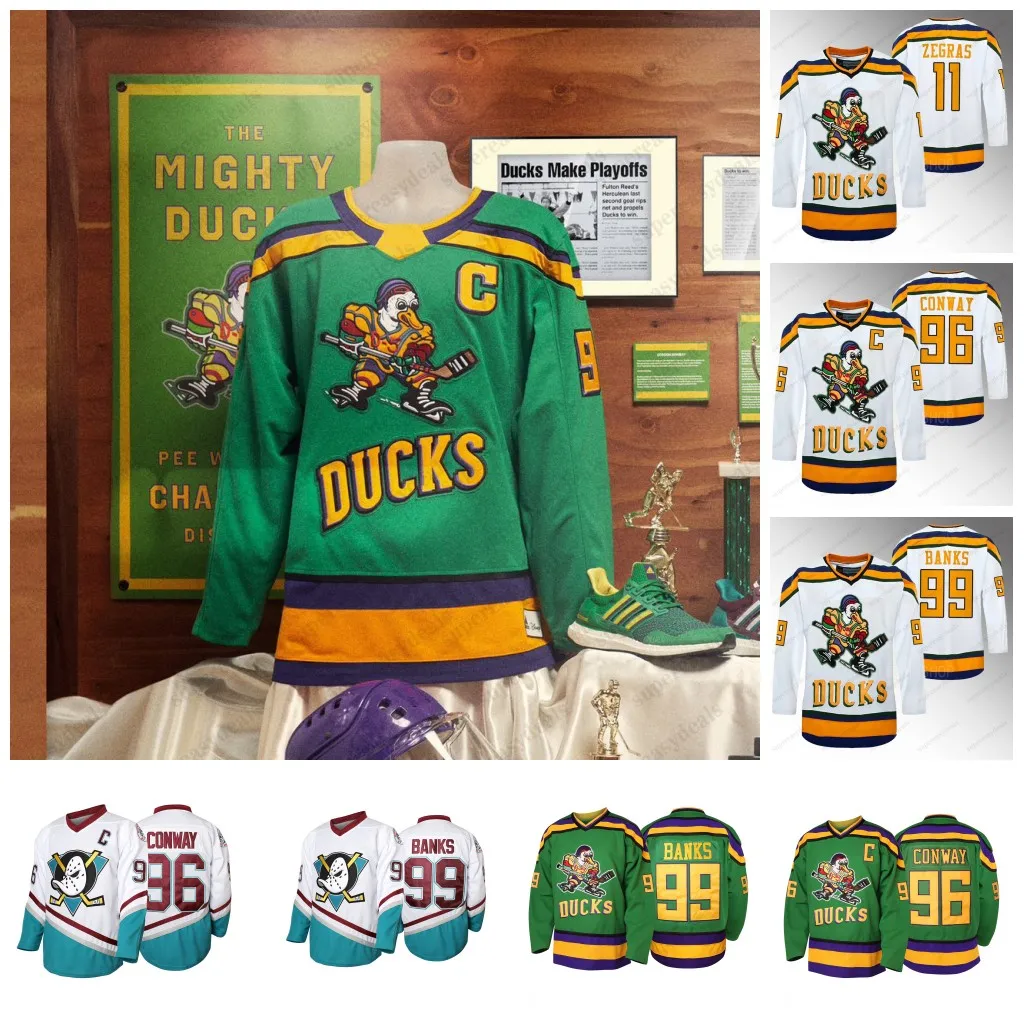 96 Charlie Conway 1996-06 Maglia da hockey del film Mighty Ducks 33 Greg Goldberg 99 Adam Banks Ducks Verde Bianco S-XXXL Disponibile Spedizione veloce Ghiaccio