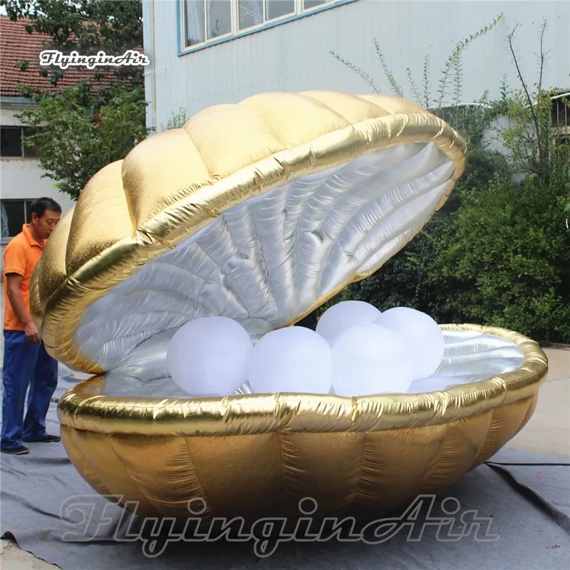 Atacado personalizado dourado inflável clam shell iluminação gigante ar soprado modelo animal marinho led balão de mexilhão com pérolas para decoração de casamento