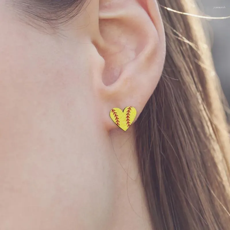 Stud Earrings Women Birthday Piercing Cute Sports Style Baseball Print Gift Wooden Fashion Jewelry Lightweight Funny Heart Shape