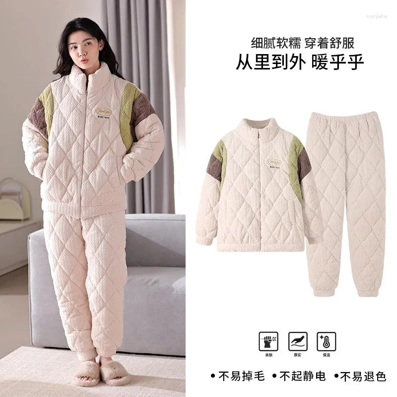 Women's Sleepwear High Quality Three-layer Clip Cotton Pajamas Set Women Flannel Quilted Female Warm Pijamas Mujer