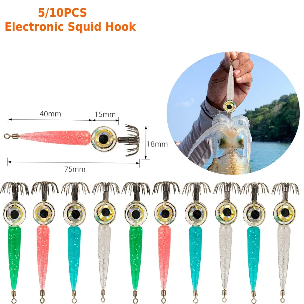 Lures 5 / 10pcs Crochet de calmar électronique LED Lumineux crevettes Squid Night Fishing Squid Jigs LURS ACCESSOIRES DE PROPHE DE PLIDE DEEU PROFIL