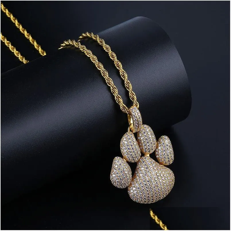 Pendant Necklaces Personalized 18K Gold Plated Fl Cubic Zirconia Cute Dog Footprints Pendant Necklace Twist Chain Hip Hop Jewelry Gift Dhq3V