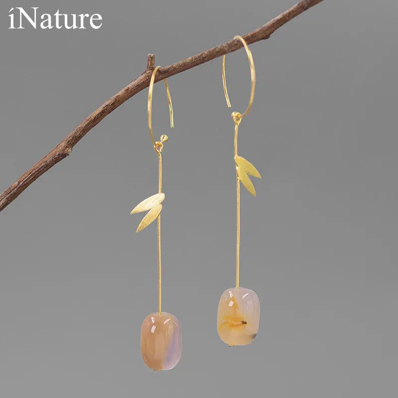 Earrings INATURE Natural Agate 925 Sterling Silver Bamboo Leaf Long Drop Dangle Earrings For Women Jewelry Accessories