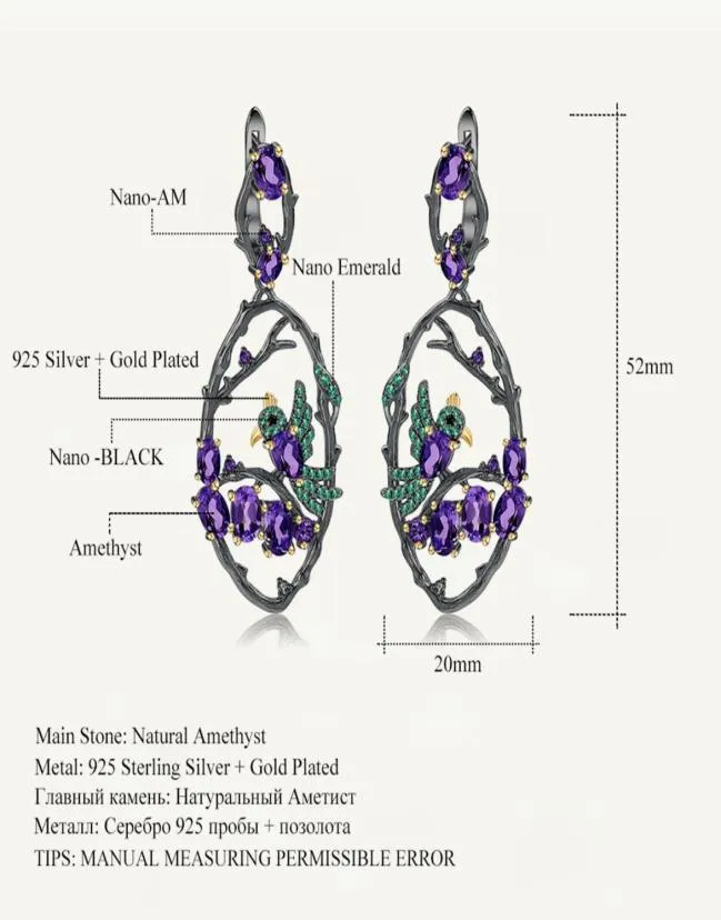 Stud GEM039S BALLET 6 26Ct Natural Amethyst Earrings Jewelry Real 925 Sterling Silver Handmade Bird Drop for Women Wedding 22107025277