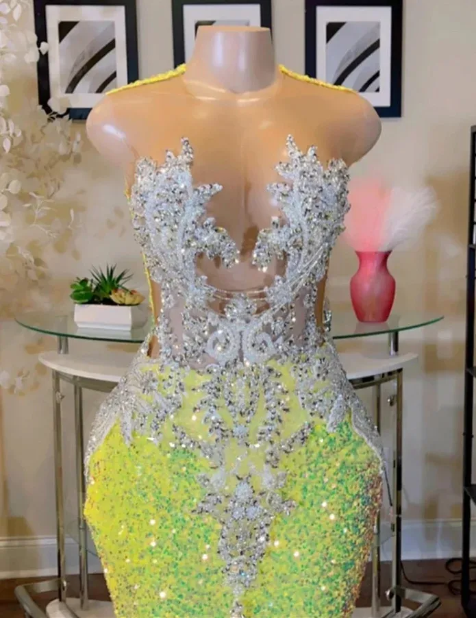 2024 Glitter Yellow Sequin Mermaid Prom Gown For Women Beading Applique Special Occasion Women Party Wear 0227