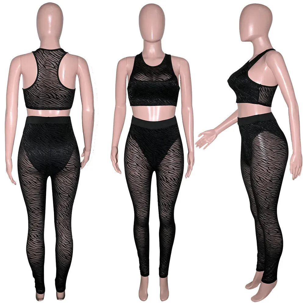 2024 Designer Tracksuits Spring Outfits Women Sleeveless Tank Crop Top Mesh Patchwork Leggings Two Piece Sets Sexy See Through Clothes Wholesale 10665