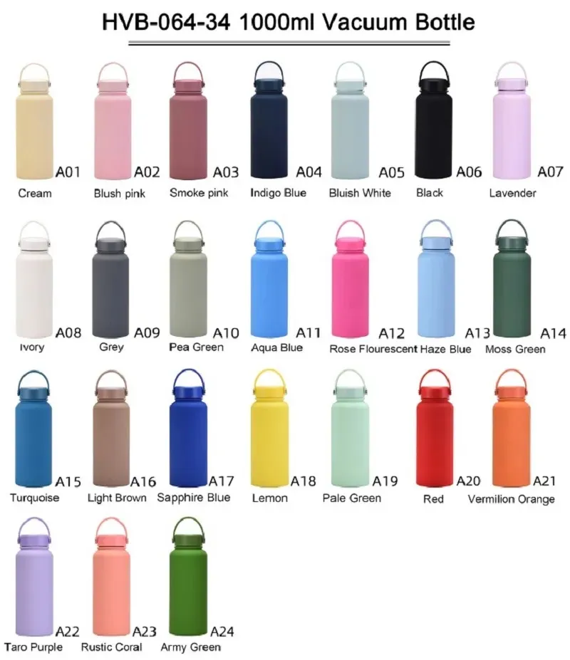 sportvattenflaskor stor kapacitet 1L rostfritt stål pulverbelagd vattenflaska läcksäker metall sportkolv Hållbar färgglada sportflaska flera färger