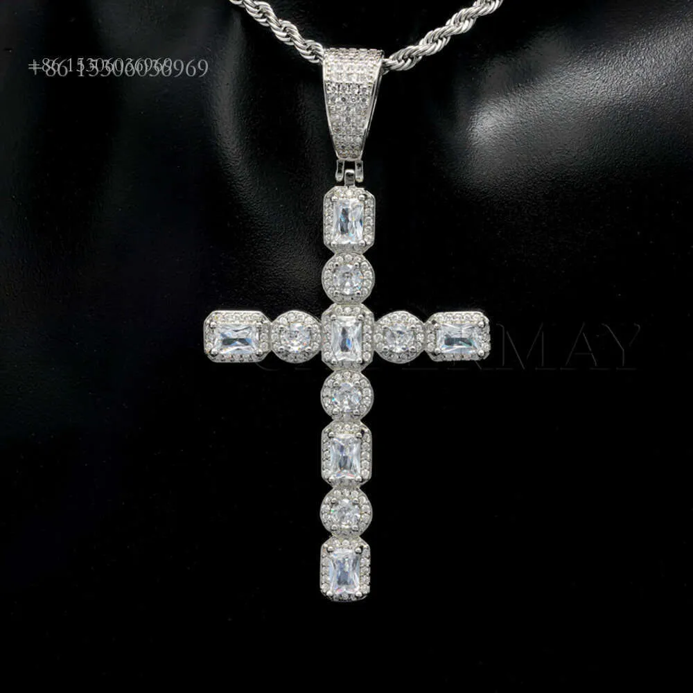 D Vvs1 Baguette Diamond Cross Necklace Sterling Sier Moissanite Hip Hop Pendant