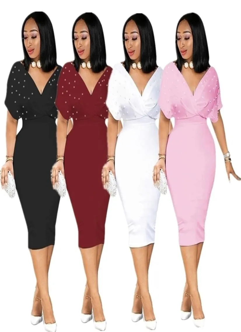 Robes d'été grande taille pour femmes, ample, chauve-souris, manches courtes, perles, Sexy, décolleté en V profond, élégante, fête, goutte entière, 2110295698502