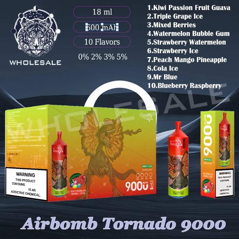 100% oryginalny Tornado Airbomb 9000 Puff Ujeżdżalne Pen Pen Pen 10 Smaki 9K Puffs Vape Pen