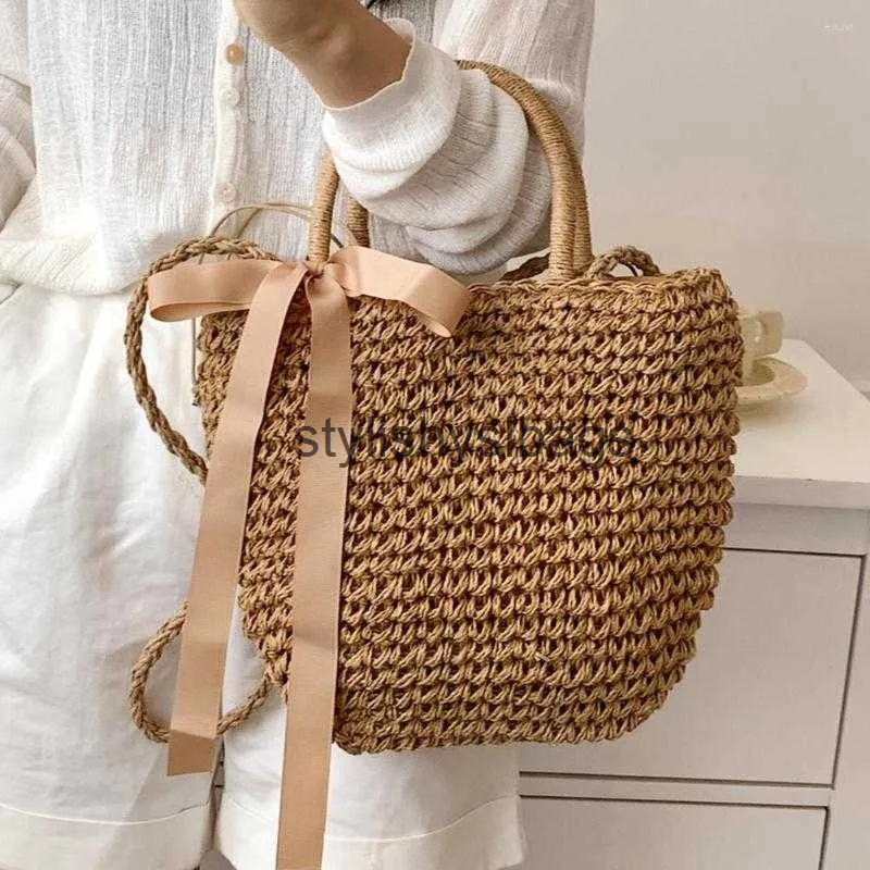 Shoulder Bags Fashion Crossbody Bag Girl High-quality Large Straw Top-Handle Handbag With Bowknot Ornament For Summer Beach VacationH24227