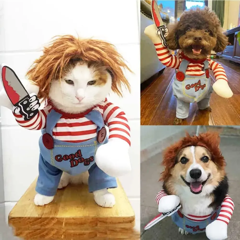 Costumes Halloween Dog Cosplay Chucky Costume Costume Dress Up Cat Cat Vêtements pour les petits chiens Boy Hat Halloween Cosplay Fête de Noël