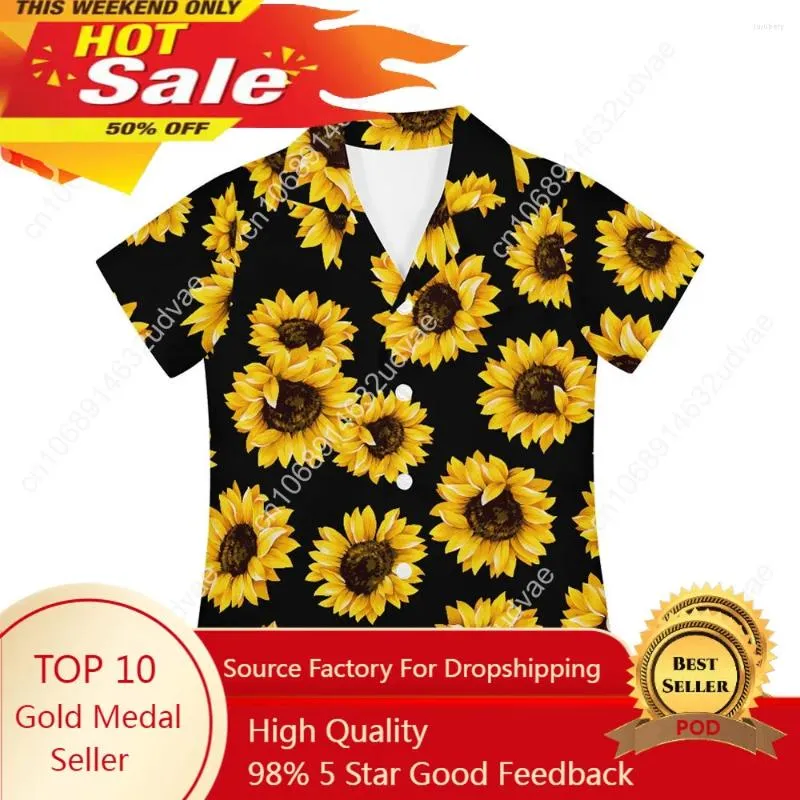 Herrklänningskjortor Skjorta Kort ärm Sunflower Hawaiian Social Luxury Button Up Cardigan Bluses Wholesale 2024 Boys Turn-Down Collar Bred