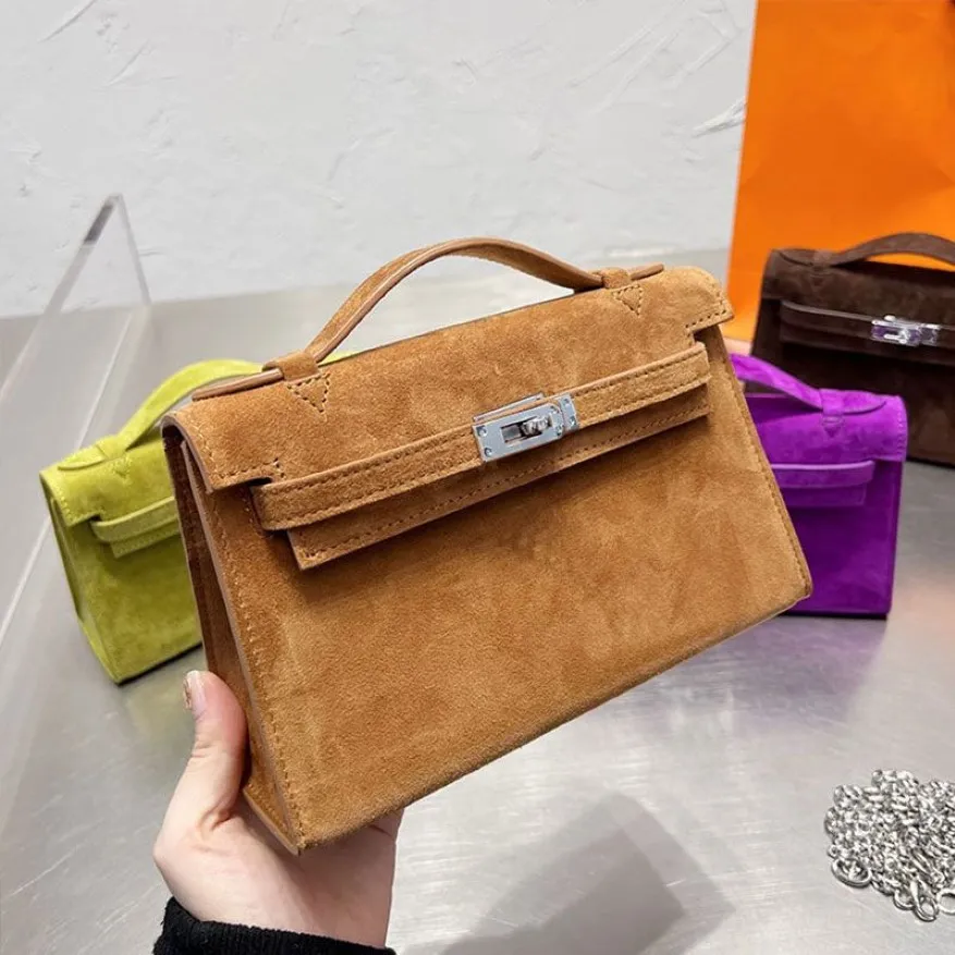 Mini Borsa a tracolla Borsa da donna Borsa a tracolla da donna Moda in pelle nabuk Fibbia in metallo argento Portafoglio con patta a catena rimovibile Quali255m