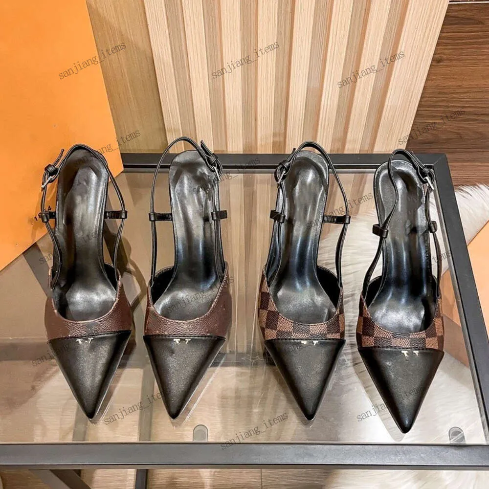 Designer Women's High Heeled Sandals Brown Color Vintage Pumps Stilettos 2023 Slingback Brown Leather Plaid Paris Office tofflor Sexiga festskor Pekade Cap Toes