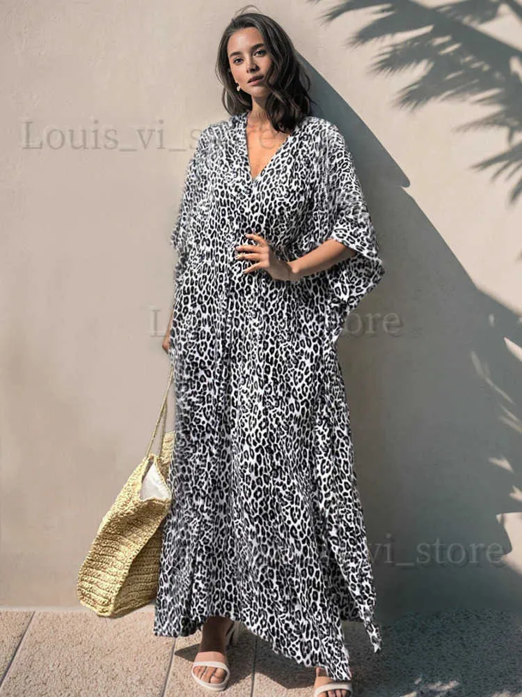 Robes décontractées de base 2023 Léopard auto ceinturé côté fendu robe de plage d'été longue tunique femmes vêtements grande taille vêtements de plage robes Maxi Q1226 T240227